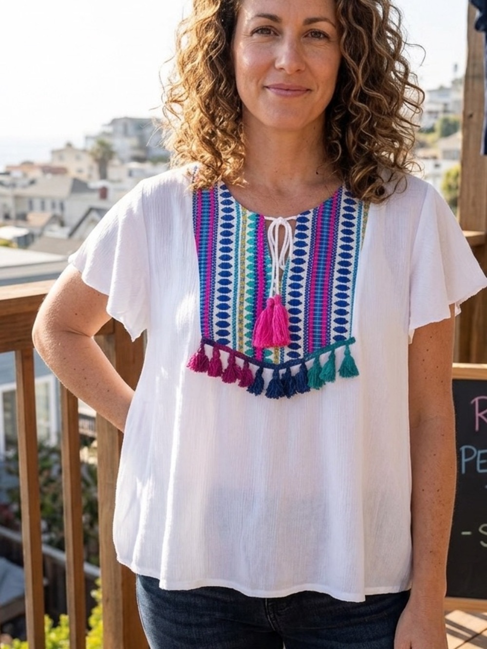 Raga x Anthropologie White Multicolored Embroidered Tassel Boho Peasant Top